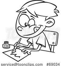 Cartoon Black and White Boy Writing with a Fountain Pen by Toonaday