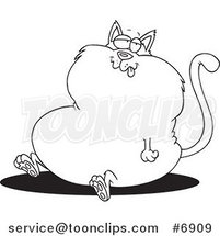 Cartoon Black and White Line Drawing of a Sitting Fat Cat by Toonaday