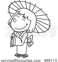 Cartoon Lineart Japanese Girl with a Parasol by Toonaday