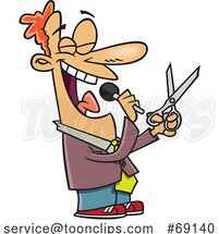 Cartoon Guy Talking into a Microphone and Holding Scissors by Toonaday