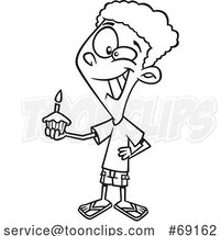 Cartoon Black and White Boy Holding a Birthday Cupcake by Toonaday