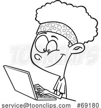 Cartoon Black and White Girl Using a Laptop Computer for Distance Learning by Toonaday