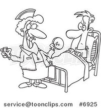 Cartoon Black and White Line Drawing of a Nurse Giving a Patient Medication by Toonaday