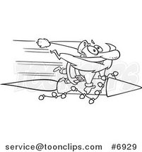 Cartoon Black and White Line Drawing of Santa Riding a Fast Rocket by Toonaday