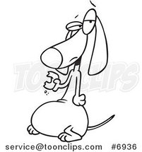 Cartoon Black and White Line Drawing of a Fat Wiener Dog Eating a Donut by Toonaday