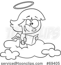 Cartoon Outline Happy Angel Girl Reading on a Cloud by Toonaday