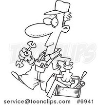 Cartoon Black and White Line Drawing of a Repair Guy Carrying a Tool Box by Toonaday