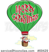 Cartoon Santa Claus Flying a Hot Air Balloon with Merry Christmas Text by Toonaday
