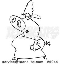 Cartoon Black and White Line Drawing of a Fancy Pig in a Dress by Toonaday