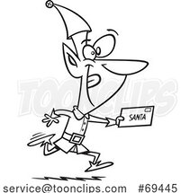 Cartoon Black and White Christmas Elf Running a Letter to Santa by Toonaday