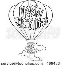 Cartoon Black and White Santa Claus Flying a Hot Air Balloon with Merry Christmas Text by Toonaday