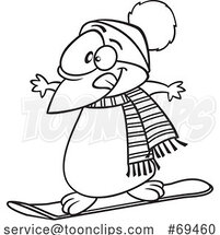 Cartoon Black and White Winter Penguin Snowboarding by Toonaday