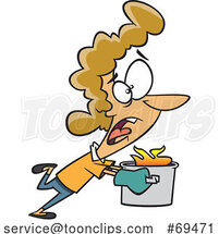 Cartoon Lady Running with a Kitchen Pot on Fire by Toonaday