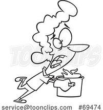 Cartoon Black and White Lady Running with a Kitchen Pot on Fire by Toonaday