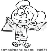 Cartoon Black and White Girl Wearing an I Love Music Shirt and Playing a Triangle by Toonaday