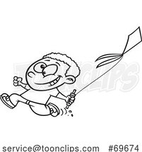 Cartoon Black and White Boy Running with a Kite by Toonaday