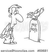 Cartoon Black and White Guy Staring at a Crow on a Tombstone Reading Your Youth by Toonaday