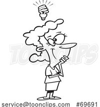 Cartoon Black and White Lady with a Great Idea Lightbulb by Toonaday