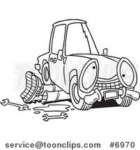 Cartoon Black and White Line Drawing of a Mechanic Working Under a Car by Toonaday