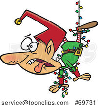 Cartoon Elf Tangled in Christmas Lights by Toonaday