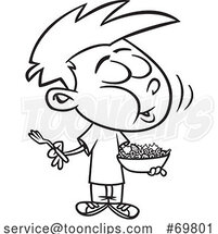 Black and White Outline Cartoon Boy Eating a Word Salad by Toonaday