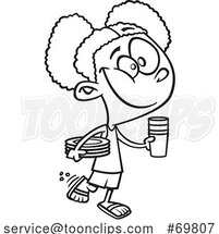 Black and White Outline Cartoon Girl Setting a Table by Toonaday