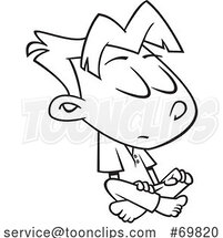 Black and White Outline Cartoon Boy Sitting Calmly by Toonaday