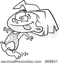 Black and White Outline Cartoon Summer Girl Running to Go Swimming by Toonaday
