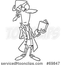 Black and White Outline Cartoon Ichabod Crane Reading a Book by Toonaday