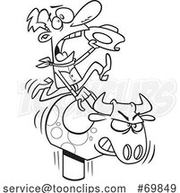 Black and White Outline Cartoon Cowboy Riding a Mechanical Bull by Toonaday