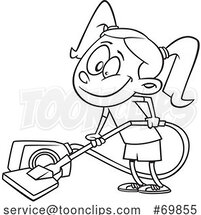 Black and White Outline Cartoon Girl Vacuuming by Toonaday