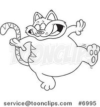 Cartoon Black and White Line Drawing of a Walking Fat Cat by Toonaday