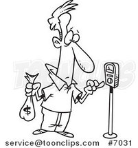 Cartoon Black and White Line Drawing of a Guy Holding a Money Bag and Paying a Parking Meter by Toonaday