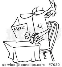 Cartoon Black and White Line Drawing of a Business Man Reading a Diner Menu by Toonaday