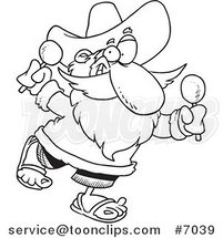 Cartoon Black and White Line Drawing of a Mexican Santa Shaking Maracas by Toonaday