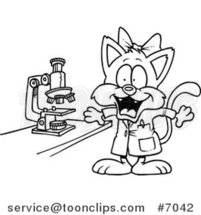 Cartoon Black and White Line Drawing of a Cat Scientist by Toonaday