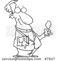 Cartoon Black and White Line Drawing of a Minister Holding a Bible and Drumstick by Toonaday