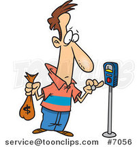 Cartoon Guy Holding a Money Bag and Paying a Parking Meter by Toonaday