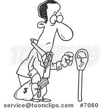 Cartoon Black and White Line Drawing of a Black Business Man Holding a Money Bag by a Meter by Toonaday