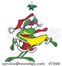 Cartoon Female Frog in a Santa Suit Under Mistletoe by Toonaday