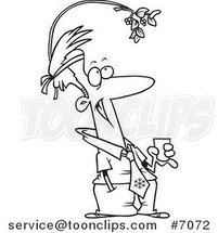 Cartoon Black and White Line Drawing of a Business Man Wearing Mistletoe at the Office Christmas Party by Toonaday