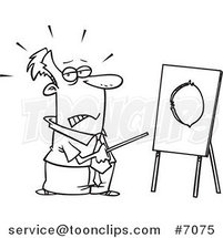 Cartoon Black and White Line Drawing of a Business Man Pointing to a Board with a Hole by Toonaday