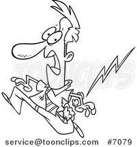 Cartoon Black and White Line Drawing of a Misfortunate Business Man Running from Lightning by Toonaday