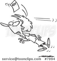 Cartoon Black and White Line Drawing of a Business Woman Being Knocked out with a Memo by Toonaday