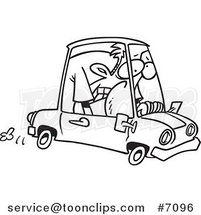 Cartoon Black and White Line Drawing of a Guy Cramped into His Mini Car by Toonaday