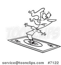 Cartoon Black and White Line Drawing of a Rich Business Woman Surfing on a Dollar Bill by Toonaday