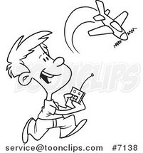 Cartoon Black and White Line Drawing of a Boy Playing with a Remote Control Airplane by Toonaday