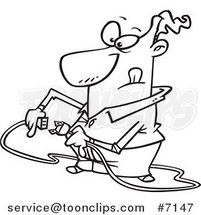 Cartoon Black and White Line Drawing of a Guy Trying to Plug in a Cable by Toonaday