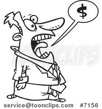 Cartoon Black and White Line Drawing of a Business Man Shouting About Money by Toonaday