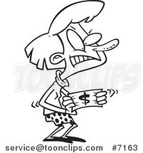 Cartoon Black and White Line Drawing of a Lady Stretching a Dollar by Toonaday
